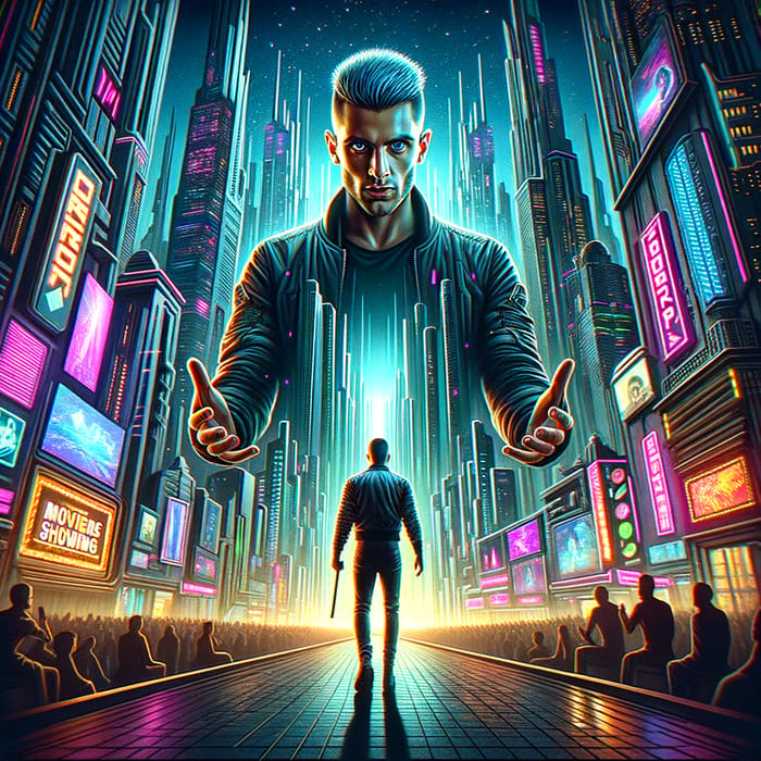 Epic Cyberpunk Movie Invitation in Futuristic Cityscape