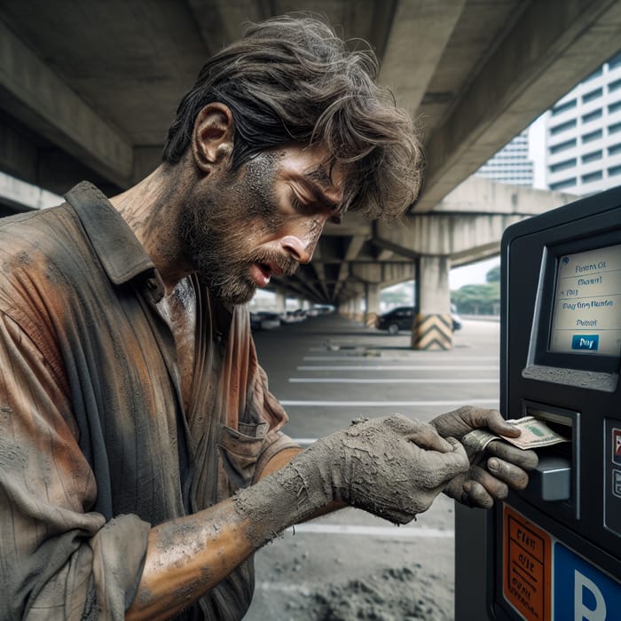 Weary South Asian Man Struggles to Secure Cash for Parking