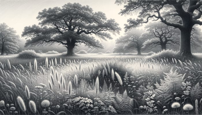 Serene Oak Grove and Vibrant Grasses Sketch