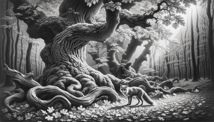 Exquisite Black and White Pencil Drawing of Fox in Autumn Forest Exquisite Black and White Pencil Drawing of Fox in Autumn Forest