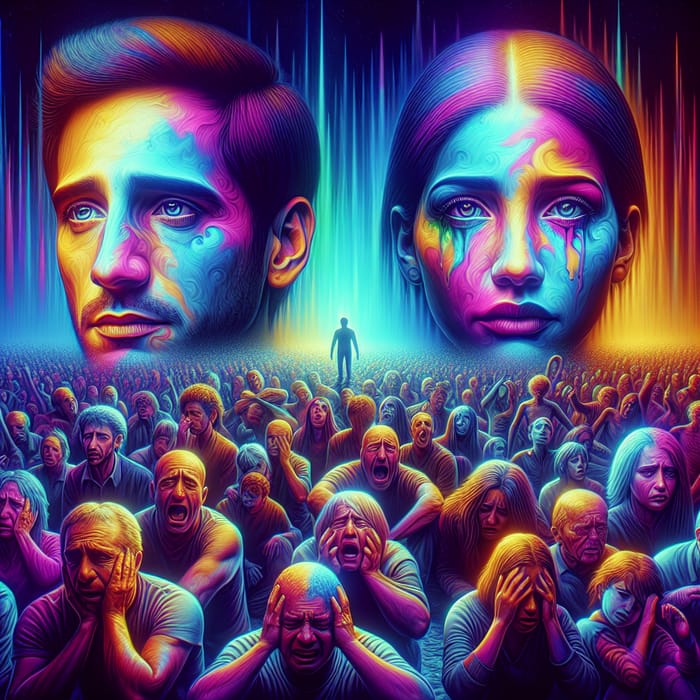 Neon Dream: Politician Faces & Crying Crowd in Surreal Scene