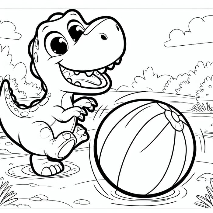 Cartoon Dinosaur Playing with a Ball - Coloring Page