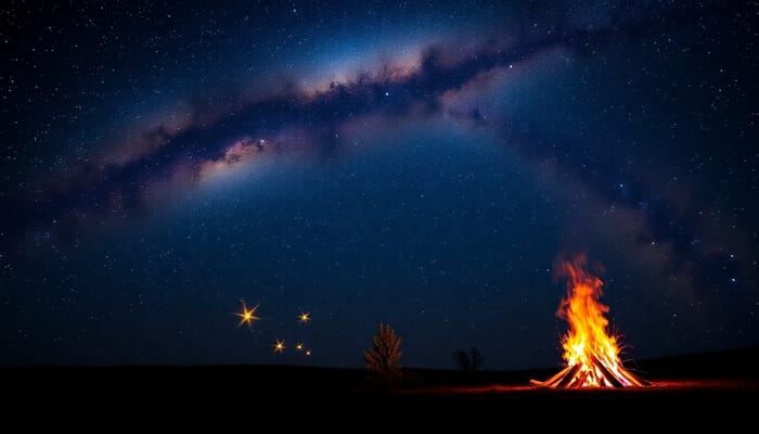 Enchanting Milky Way Night Sky & Colorful Bonfire