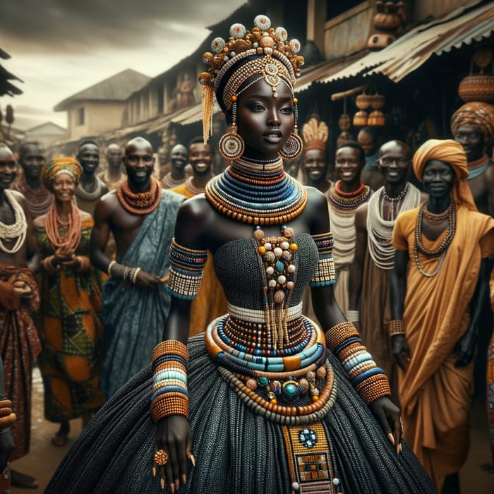 Majestic African Princess in Vibrant Village Scene