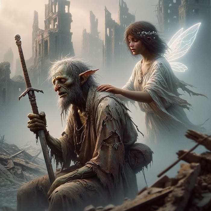 Despairing Goblin Shaman & Gentle Ghost in Devastated City