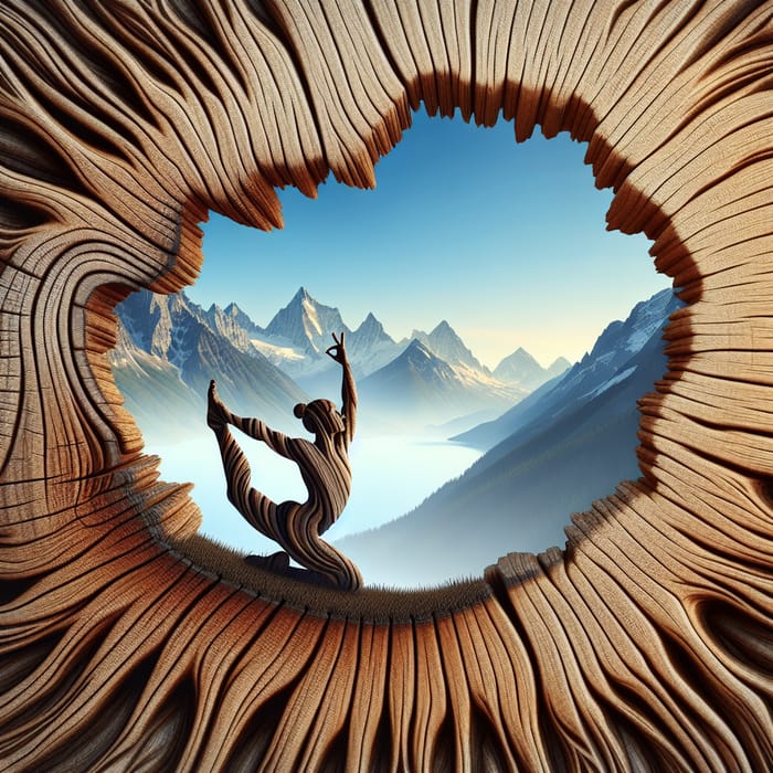 Man Practicing Yoga Inside Tree Trunk Surrounded by Mountains