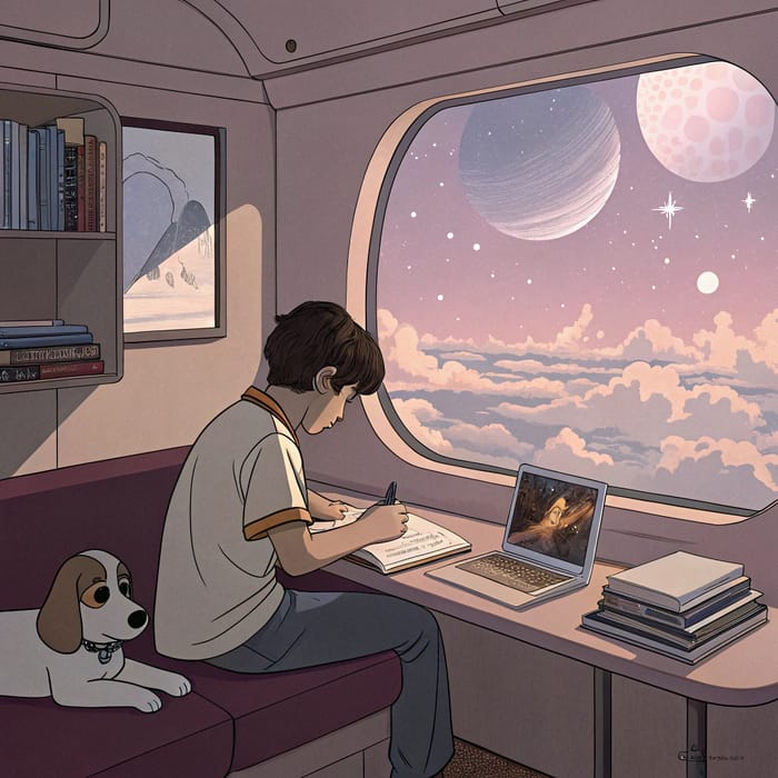 Lofi Boy Studying on Jupiter with Adorable Dog