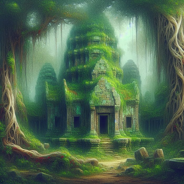 Ancient Temple Digital Painting: Mystical Vines & Mist