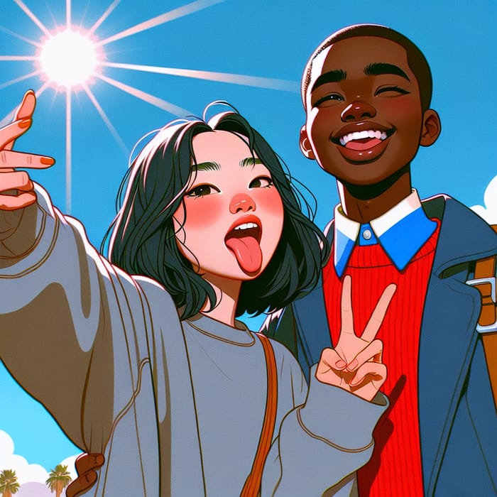 Asian Girl and Black Boy Selfie - Early 20th Century Animation Style