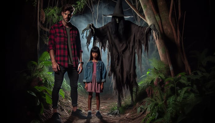 Father and Daughter Face Witch in Dark Forest