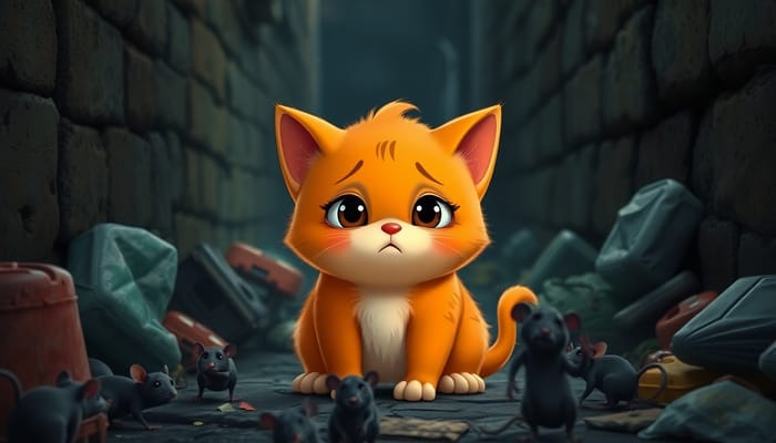 Sad Orange Kitten in Trash-filled Alley