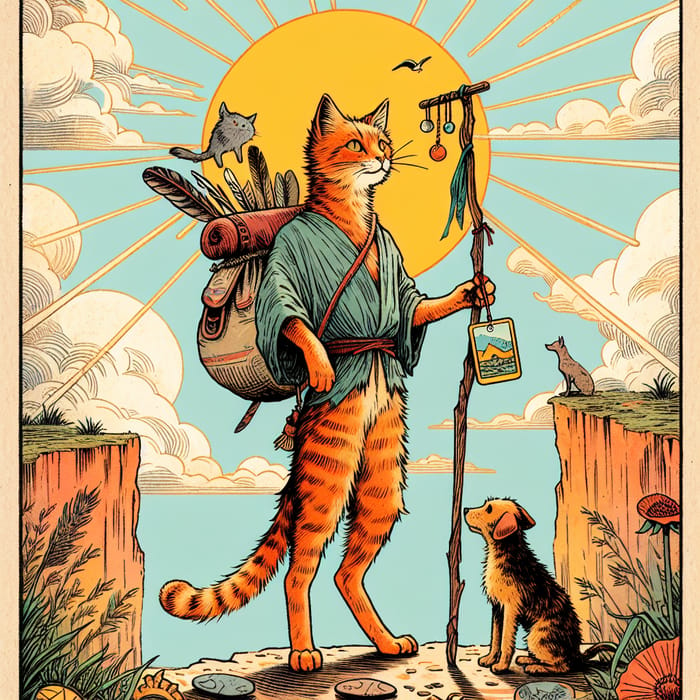 The Fool Tarot Card with Orange Cat - Whimsical and Vibrant Imagery