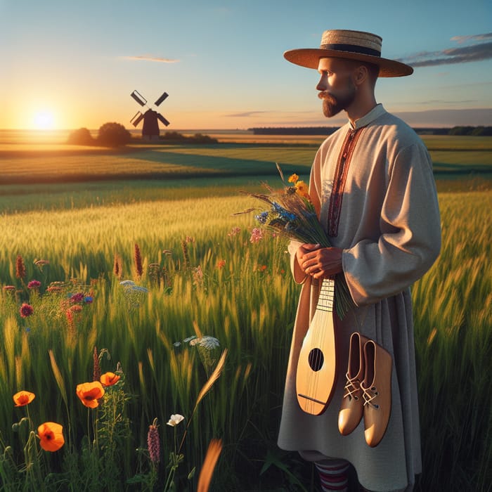 Lithuanian Man in Traditional Attire with Kanklės in Green Field