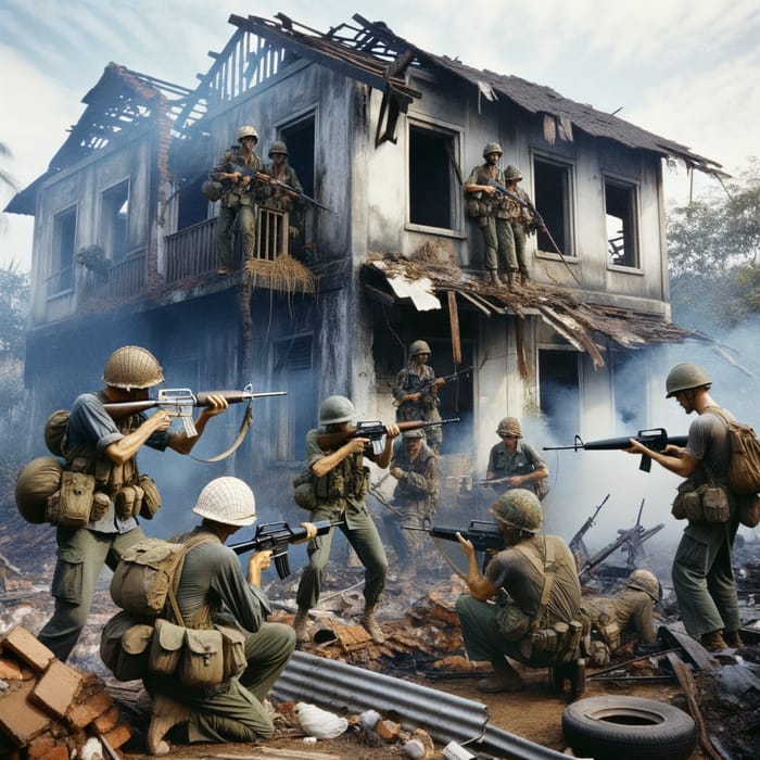 Viet Cong and American Troops in Battle at Ruined Buildings