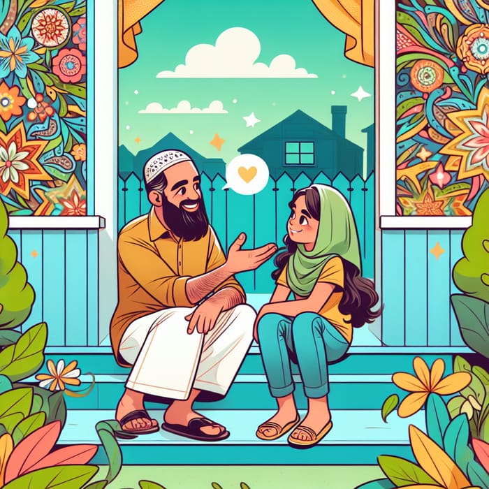 Father and Daughter Chatting in Colorful Garden Setting Father and Daughter Chatting in Colorful Garden Setting