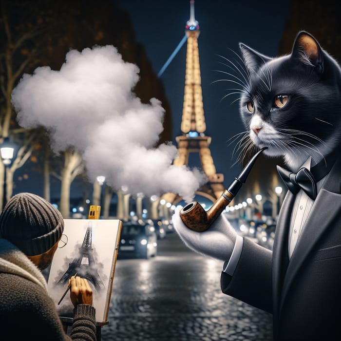 Cat Smoking in Paris: Biden Painting in Background