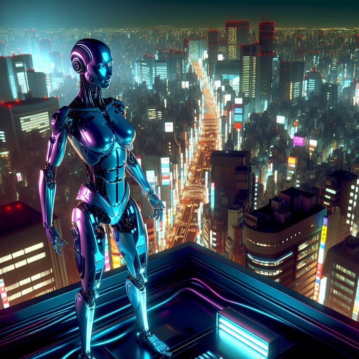 Futuristic Cyberpunk Cityscape: Neon-Lit Tokyo Streets with Cyborg Beauty