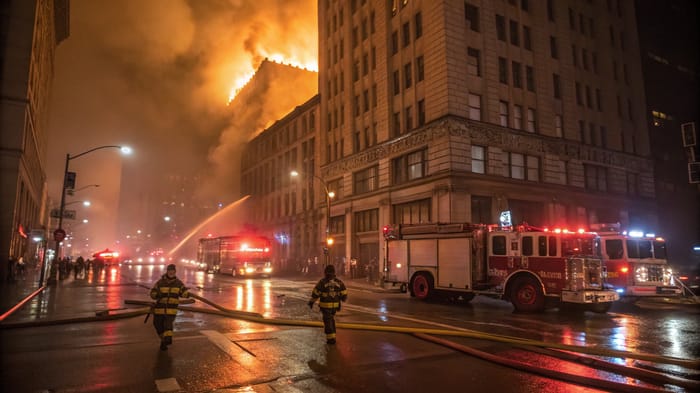 Firefighters Battle Blaze in Busy City Scene