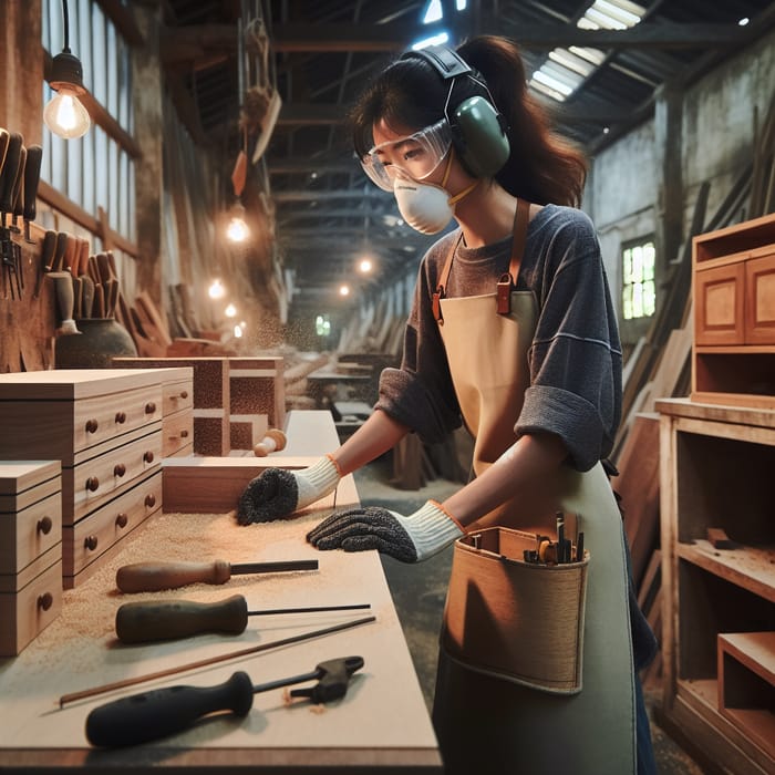 Female Furniture Maker Crafting Wooden Kitchen Set