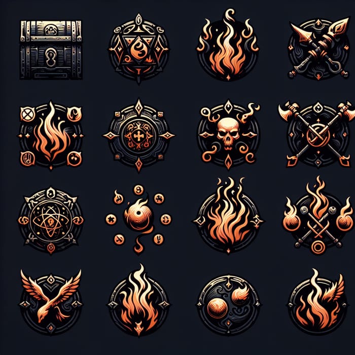 Diablo 2 Fire Skill Icons: Classic Video Game Aesthetic