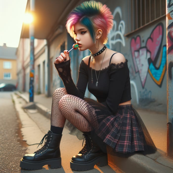 Punk Teen Girl in Black Skater Skirt with Cigarette