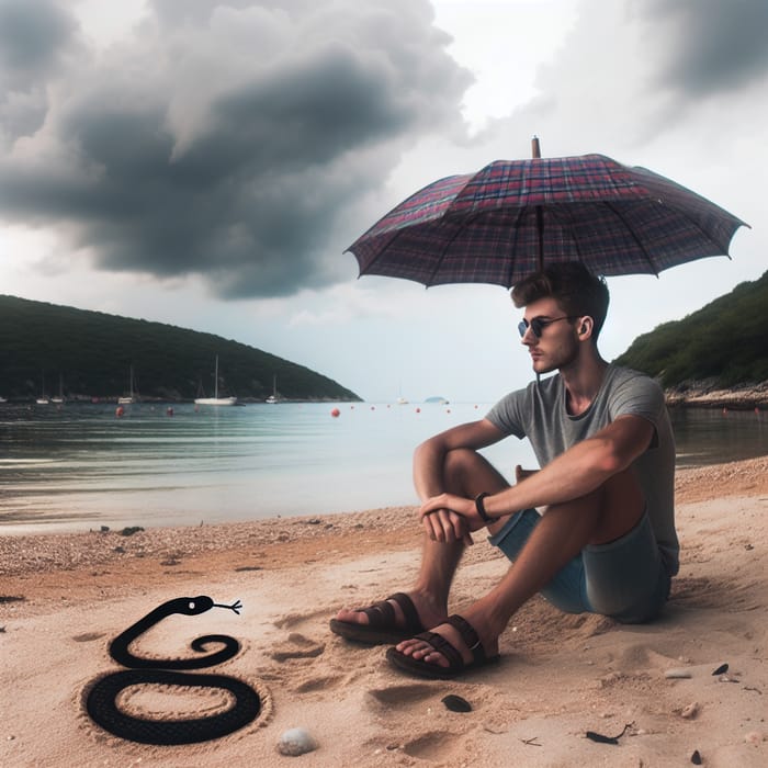 Man Relaxing Under Umbrella at Bay with Snake and Grey Clouds Man Relaxing Under Umbrella at Bay with Snake and Grey Clouds