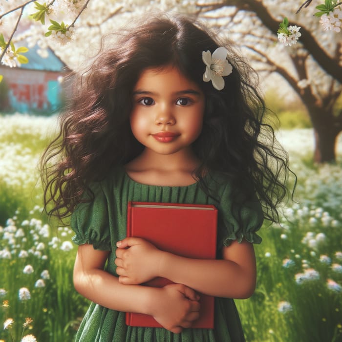 Vivid Image of Young Hispanic Girl with Black Curly Hair in Green Dress and Red Book