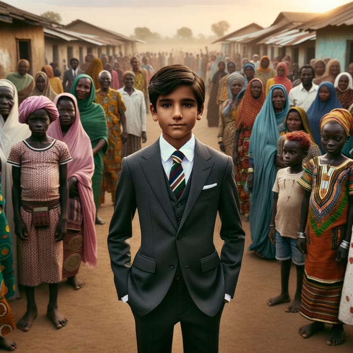 Village Boy in Traditional Attire Surrounded by Community Members