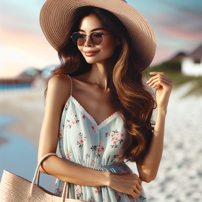 Stunning South Asian Woman in Floral Summer Outfit | Sun Hat & Sunglasses