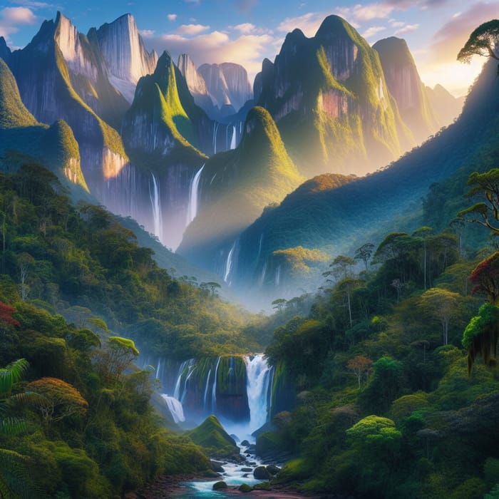 Serenity of Green Mountains with Waterfall View