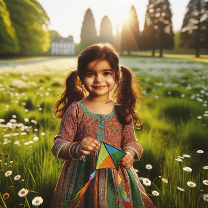 Happy Girl Flying a Colorful Kite in the Sun