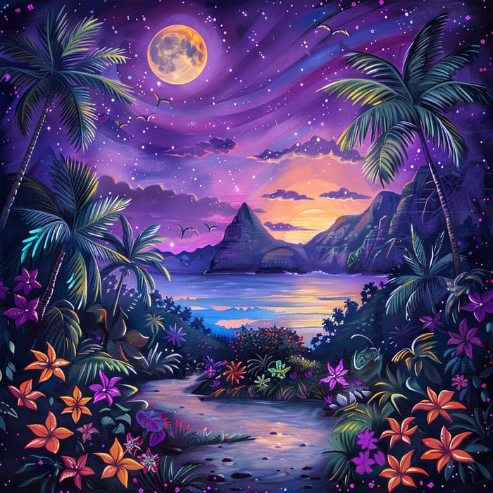 Tropical Paradise Under Full Moon - Fantasy Digital Art