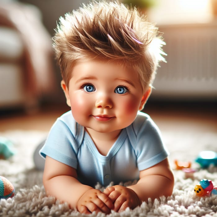 Cute Baby Boy with Spiky Hair in Blue Onesie