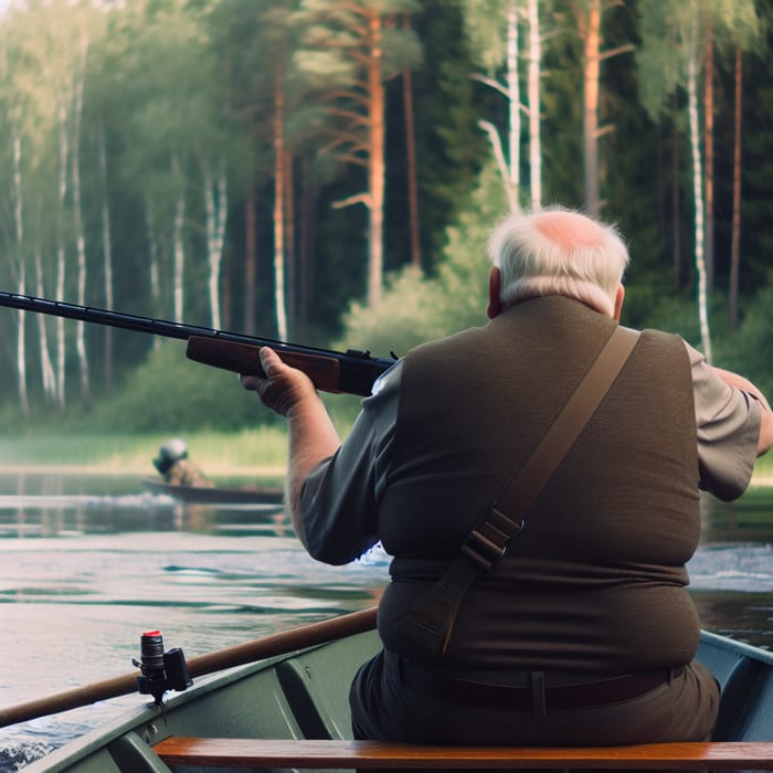 Elderly Fisherman with Rifle on a River Boat