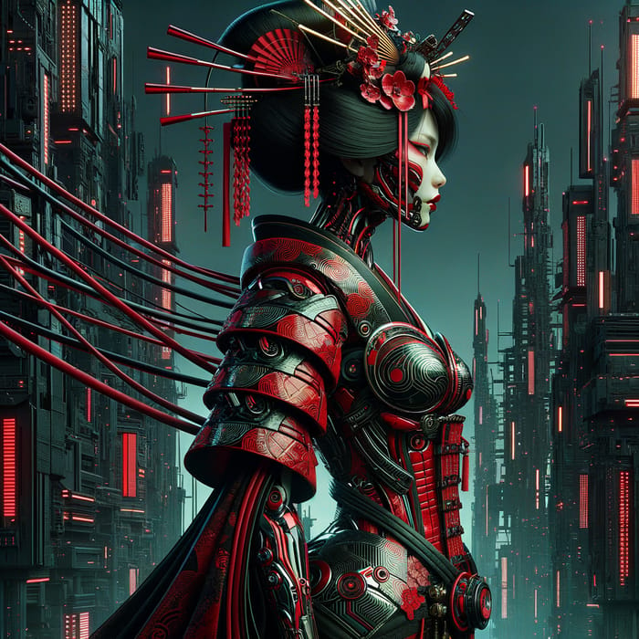 Geisha Cyborg Girl in Futuristic Leather Armor Inspired by 'Blame!' in High Contrast Red & Black