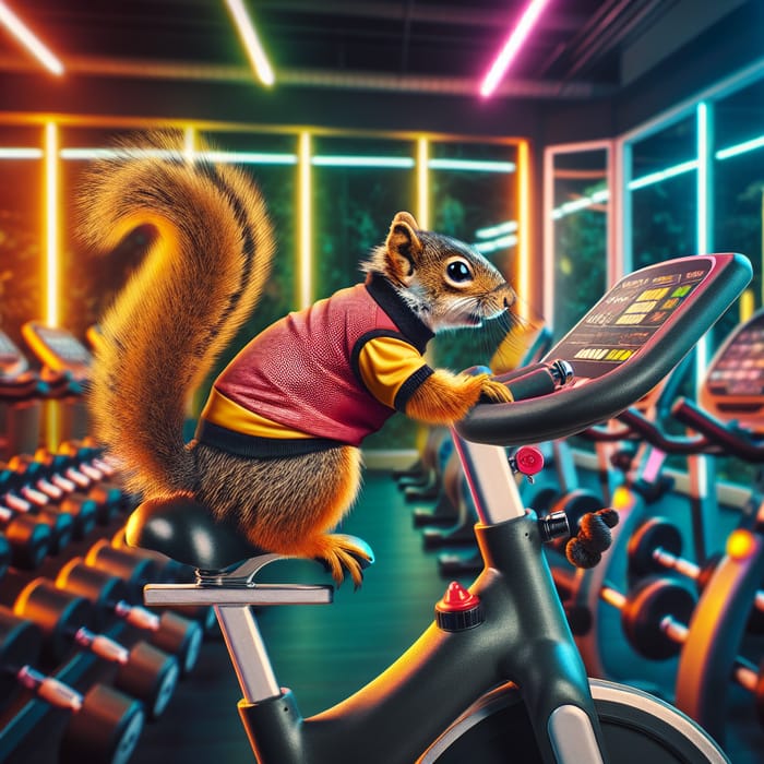 Spinning Squirrel in Neon-Lit Gym