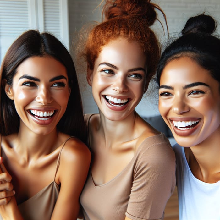 Three Friends Sharing Laughter and Stories at Home