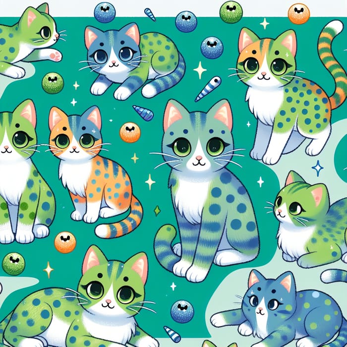 Green Spotted Cats in Blue