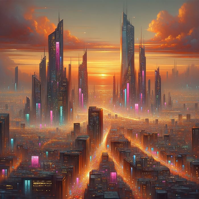 Glowing Cyberpunk Cityscape at Sunset - Digital Painting