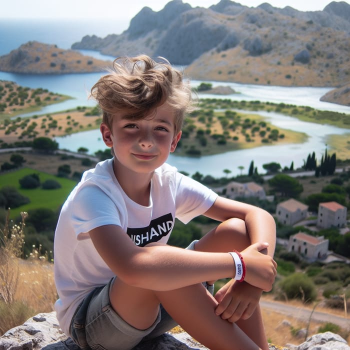 Boy Sitting in Picturesque Location | Nishand White T-shirt