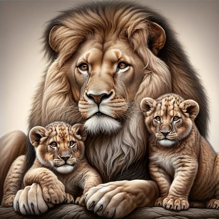 Realistic Lion with Two Lion Cubs Tattoo Design