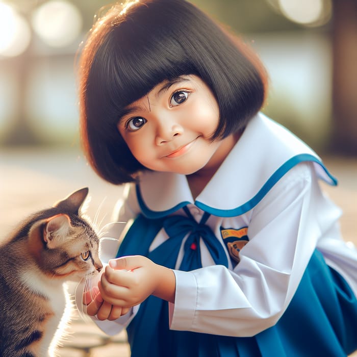 Cute Middle School Girl Caring for Cat with Love