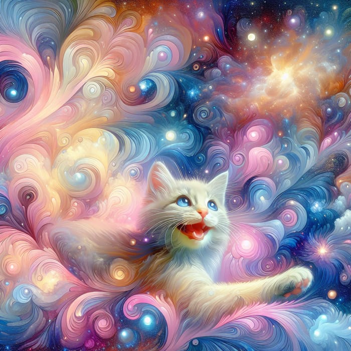 Playful Cat in Vibrant Cosmic Universe - Pastel Colors & Cosmic Patterns