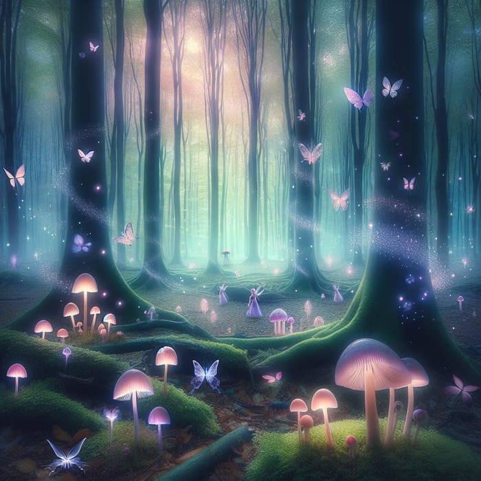 Dreamy Ethereal Forest with Glowing Mushrooms and Fairies