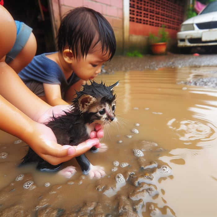 Rescuing Small Kitten from Dirty Water by Child