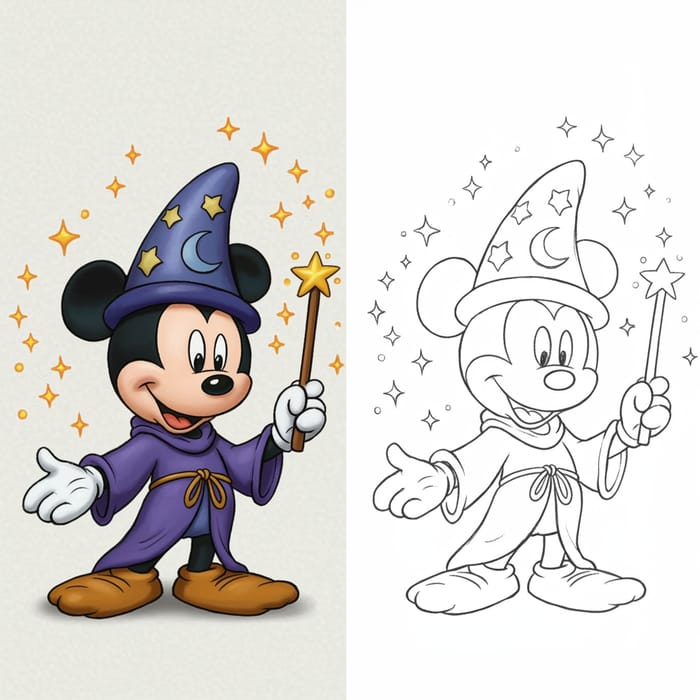 Mickey Mouse Wizard Hat Illustration | Color & Outline Mickey Mouse Wizard Hat Illustration | Color & Outline