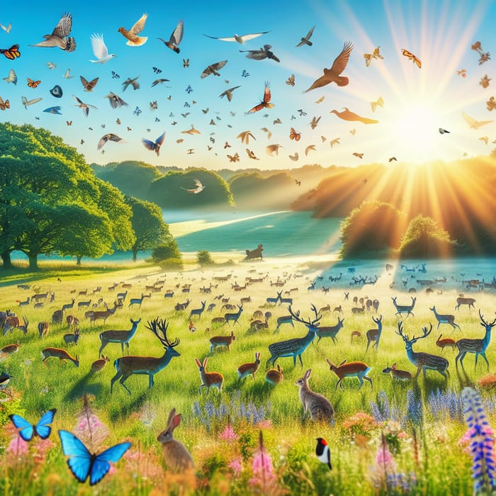 Peaceful Sunrise: Abundant Wildlife in Tranquil Countryside