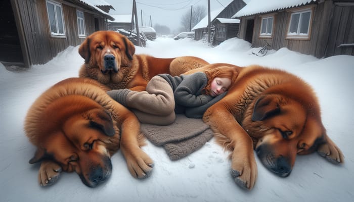 Heartwarming Scene: Large Ginger Dogs Protecting Red-Haired Girl