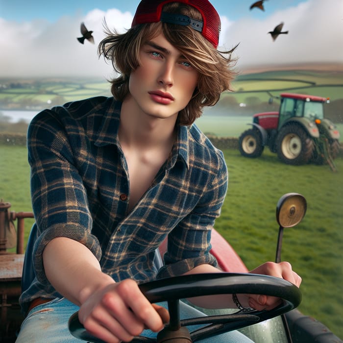 Teenage Boy Riding Tractor in Welsh Countryside