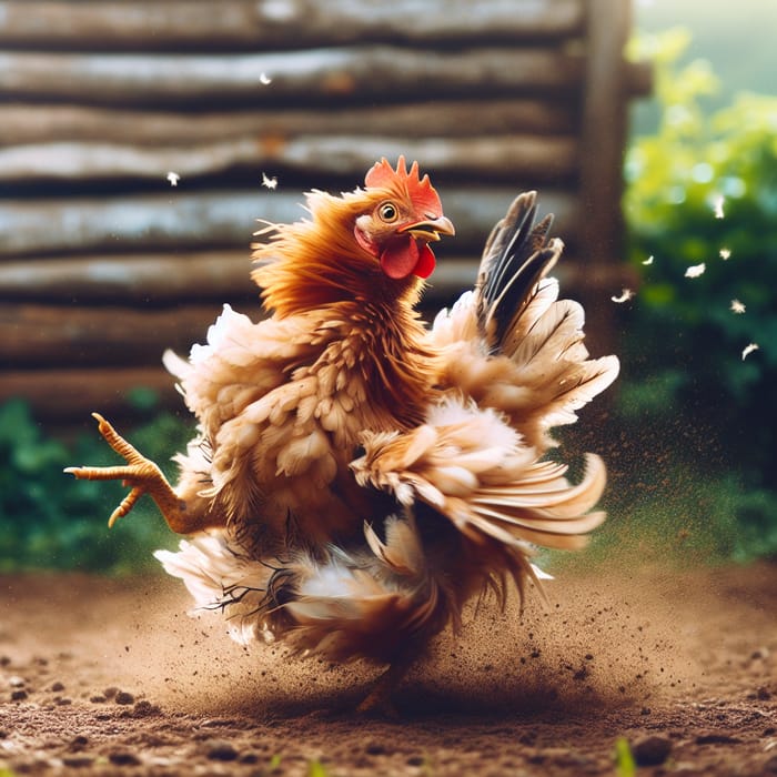 Playful Chicken Shaking Feathers in Farmyard Dance